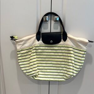 Longchamp Striped Canvas Tote in White, Black & Neon Yellow